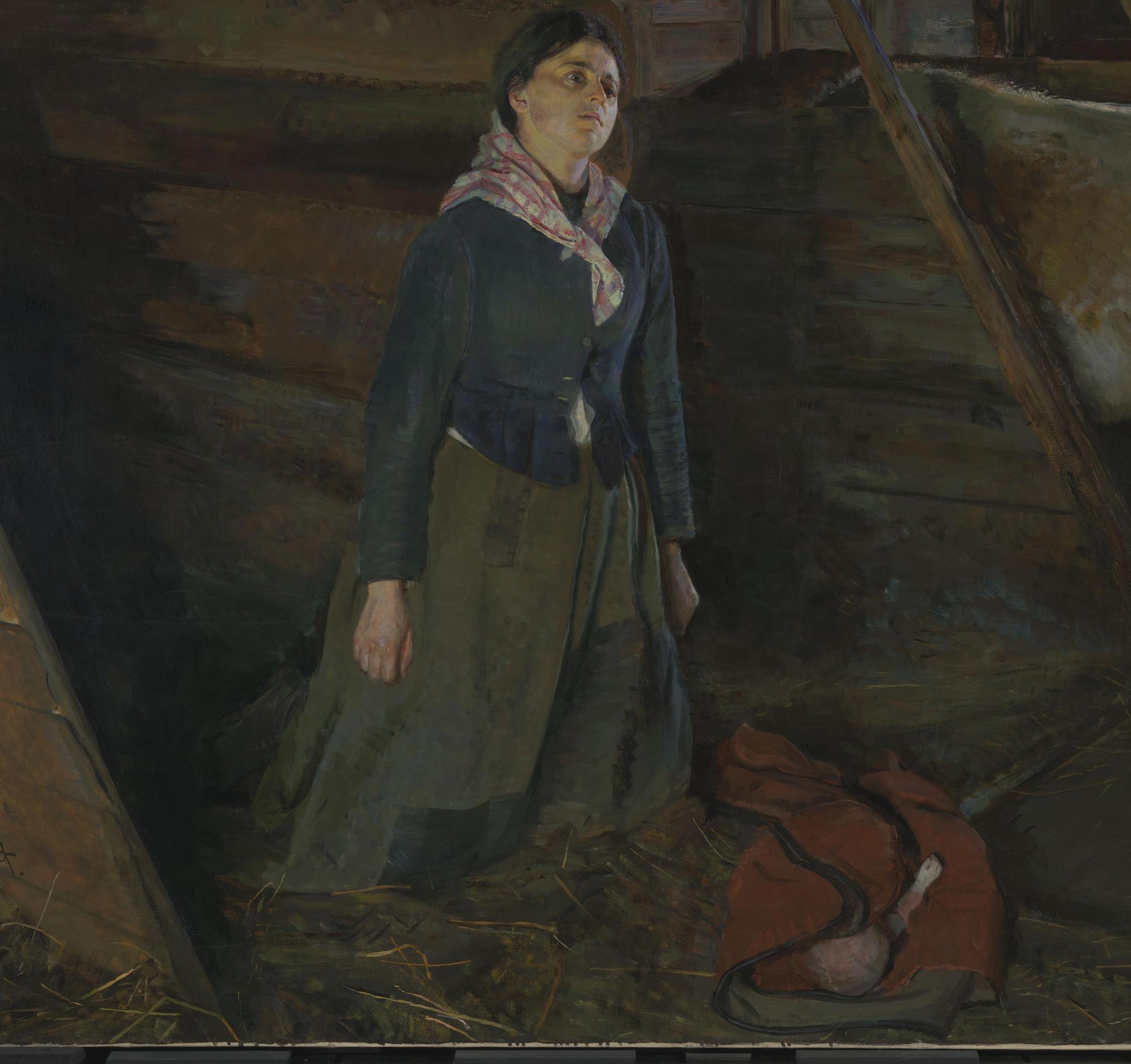 Maleriet "Barnemordersken" av Eyolf Soot fra 1895. Bildets originaltittel var "Fødsel i dølgsmål". Foto: Annar Bjørgli / Nasjonalmuseet