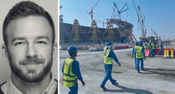 Frank Conde Tangberg i Amnesty mener idretten må forsvare seg mot å brukes politisk. Ved siden av bygningsarbeidere utenfor Qatars Lusail Stadion, rundt 20 kilometer nord for Doha. (Foto: Giuseppe Cacace / AFP)