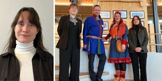 Oda Maria Lid Unger har deltidsjobb hos NIM ved siden av studiene. Bilde fra praktikantoppholdet i Kautokeino sammen med samtingspresident Silje Karine Muotka, NIM sin Regionkontorleder Johan Strömgren, og Rådgiver Nina Haugen. Foto: Privat