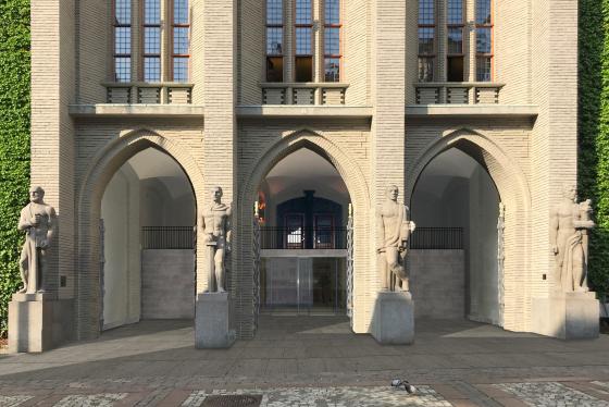 Slik kan Bergen tinghus bli seende ut hvis dagens trappeinngang vedtas fjernet. Foto: B4 Arkitekter