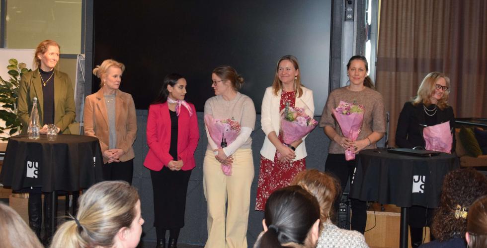 F.v. Maria Astrup Hjort, Merete Smith, Arina Amir, Tina Storsletten Nordstrøm, Caterina Håland Gaeta, Merete Nygaard og Sigtona Halrynjo (Foto: Juristen) 