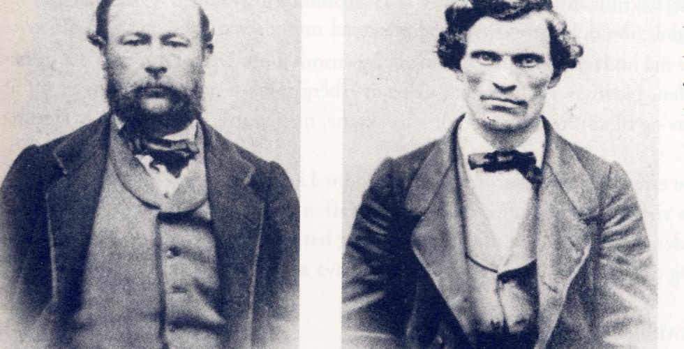 Knud Fredrik Christian Simonsen (27) (tv-) og Friedrich Wilhelm Priess (30) ble halshugget i Oslo 20. April 1864.